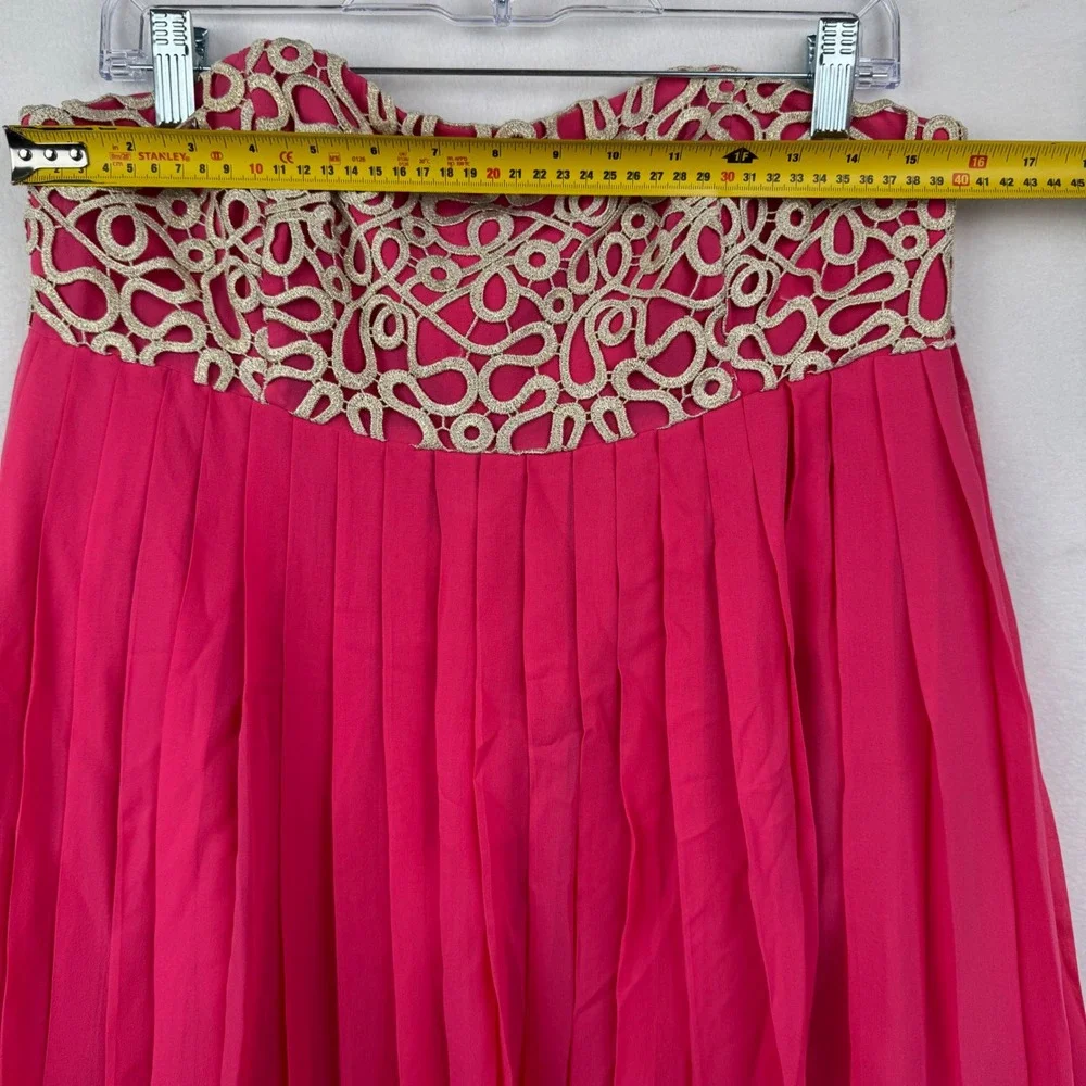 Lilly Pulitzer Pink‎ Pleated Skirt Gold Lace Trim Sweetheart Strapless Dressy 10 - Picture 3 of 7